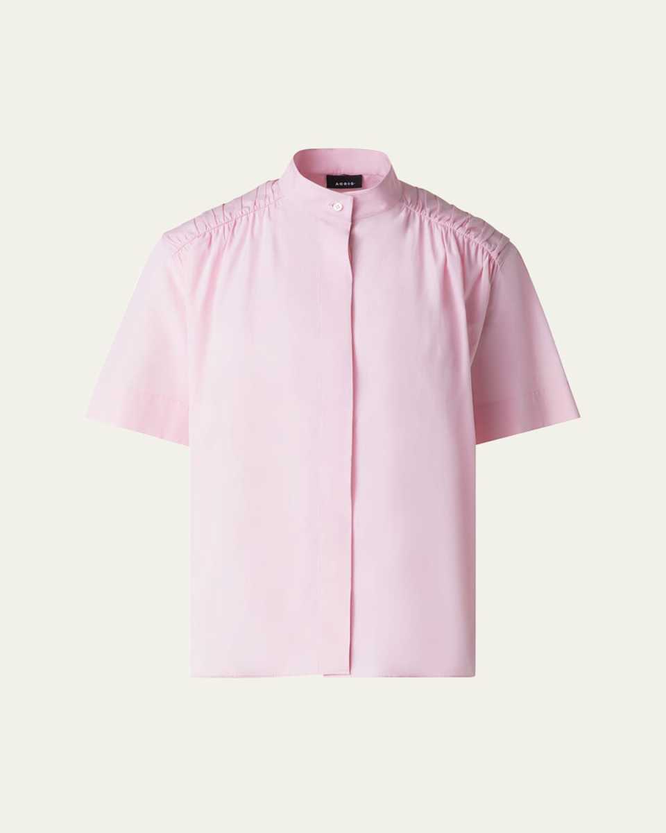 Gathered-Shoulder Cotton Poplin Button-Down Blouse